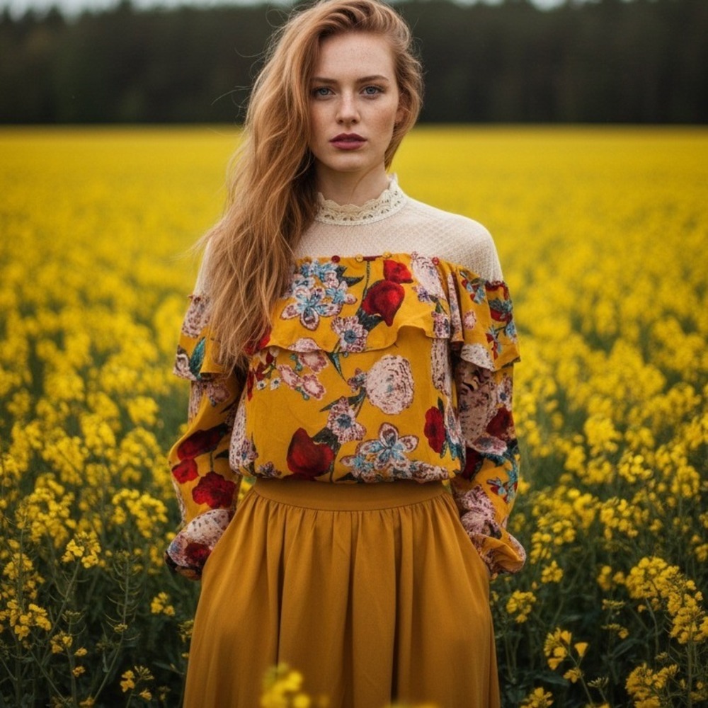 Entro Yellow Floral Lace Mesh High Neck Ruffle Top Women Med Romantic Cottagecor